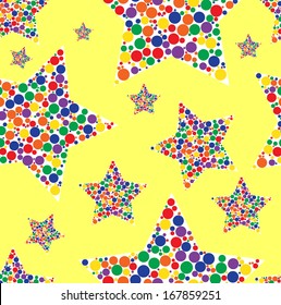 Abstract vintage seamless vector background with colorful stars. Bright shapes of round geometric figures. Design element for festive wrapping paper, textile, fabric, home decor, clothing, web, cards.
