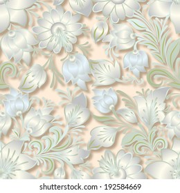 abstract vintage seamless white floral ornament on beige background