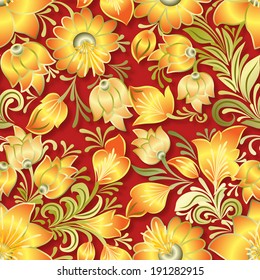 abstract vintage seamless yellow floral ornament on red background