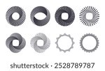 Abstract vintage spiral shape design elements with black and white stripes pattern. Circular optical illusion resembling sunburst, camera shutter and mobius strip. Flat vector art