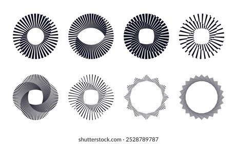 Abstractas Elementos de diseño de forma de espiral vintage con patrón de rayas blancas y negras. Ilusión óptica circular que se asemeja a la explosión de sol, el obturador de la cámara y la tira móvil. Arte vectorial plano