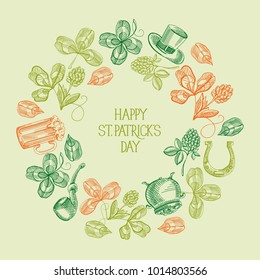 Abstract vintage St Patricks Day background with greeting inscription and sketch traditional symbols and elements vector illustration