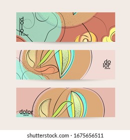 Abstract vintage style fruit banner template. Grunge textured with flat colors. Smooth curvy hand drawn line art.