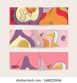 Abstract vintage style fruit banner template. Grunge textured with flat colors. Smooth curvy hand drawn line art.