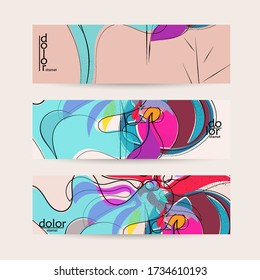 Abstract vintage style fruit banner template. Grunge textured with flat colors. Smooth curvy hand drawn line art.
