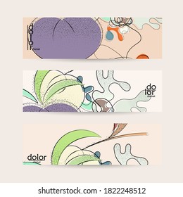 Abstract vintage style fruit banner template. Grunge textured with flat colors. Smooth curvy hand drawn line art.