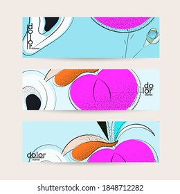 Abstract vintage style fruit banner template. Grunge textured with flat colors. Smooth curvy hand drawn line art.