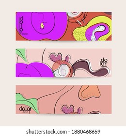 Abstract vintage style fruit banner template. Grunge textured with flat colors. Smooth curvy hand drawn line art.