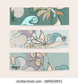 Abstract vintage style fruit banner template. Grunge textured with flat colors. Smooth curvy hand drawn line art.