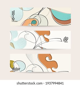 Abstract vintage style fruit banner templates. Grunge flat colors with texture. Smooth curvy hand drawn line art.
