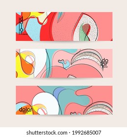 Abstract vintage style fruit banner template. Grunge textured with flat colors. Smooth curvy hand drawn line art.