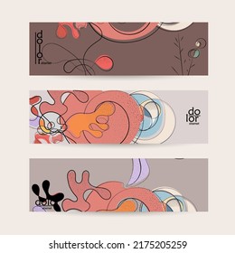 Abstract vintage style fruit banner template. Grunge textured with flat colors. Smooth curvy hand drawn line art.