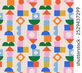 Abstract vintage style seamless pattern with colorful geometric shape decoration. Flat building block cartoon background, simple tower shapes in bright childish colors. Scandinavian concept print.