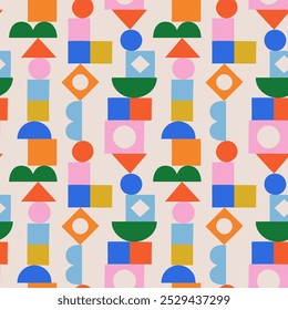 Abstract vintage style seamless pattern with colorful geometric shape decoration. Flat building block cartoon background, simple tower shapes in bright childish colors. Scandinavian concept print.