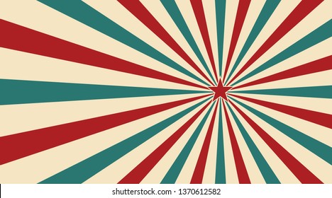 Abstract vintage sunlight of red yellow blue and green flowers background with a star in the center. Carnival circus style for circling animation. Star burst sun beam vector illustration