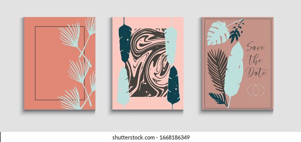 Abstract Vintage Vector Banners Set. Oriental Style Invitation. Geometric Frame Texture. Hand Drawn Asian Background. Minimal Olive Leaves Magazine Design. Tie-Dye, Tropical Leaves Posters.