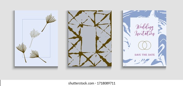 Abstract Vintage Vector Banners Set. Geometric Border Pattern. Hand Drawn Asian Background. Minimal Monstera Leaves Magazine Template. Tie-Dye, Tropical Leaves Cards. Oriental Style Invitation.