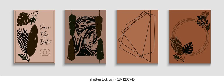 Abstrakter Vintage-Vektorbanner-Set. Geometrisches Grenzmuster. Tie-Dye, Tropenleaves-Flyer. Einladung im orientalischen Stil. Handgezeichneter Hipster-Hintergrund. Cool Banana hinterlässt Einladung Layout.