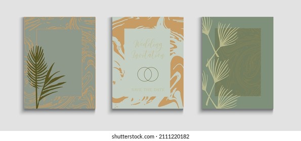 Abstract Vintage Vector Banners Set. Minimal Olive Leaves Magazine Design. Oriental Style Invitation. Geometric Frame Texture. Hand Drawn Hipster Background. Tie-Dye, Tropical Leaves Posters.