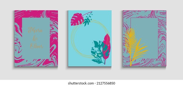 Abstrakter Vintage-Vektorbanner-Set. Tie-Dye, tropische Blätterkarten. Handgezeichneter Retro-Hintergrund. Design des Edelolive-Blättermagazins. Textur des geometrischen Rahmens. Einladung im orientalischen Stil.