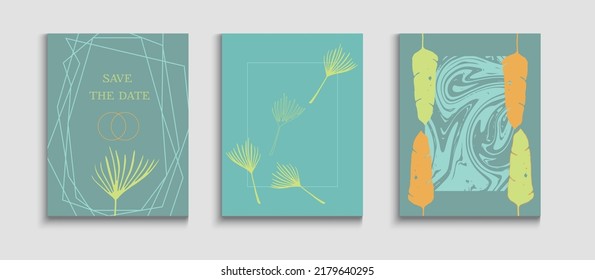Abstract Vintage Vector Banners Set. Japanese Style Invitation. Tie-Dye, Tropical Leaves Covers. Hand Drawn Elegant Background. Geometric Border Texture. Simple Monstera Leaves Invitation Layout.