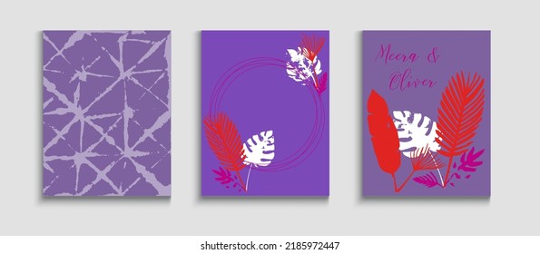 Abstract Vintage Vector Banners Set. Simple Monstera Leaves Invitation Layout. Oriental Style Invitation. Tie-Dye, Tropical Leaves Flyers. Hand Drawn Elegant Background. Geometric Frame Texture.