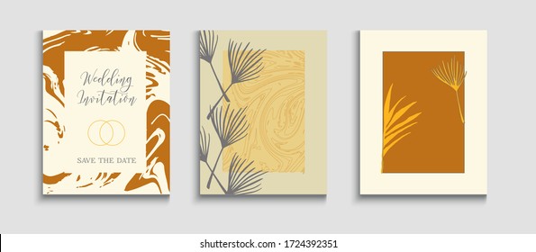 Abstract Vintage Vector Cards Set. Geometric Border Pattern. Tie-Dye, Tropical Leaves Flyers. Minimal Banana Leaves Magazine Layout. Hand Drawn Asian Background. Japanese Style Invitation.