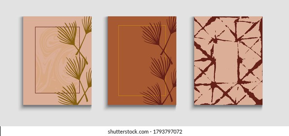 Abstract Vintage Vector Cards Set. Cool Monstera Leaves Invitation Layout. Hand Drawn Trendy Background. Japanese Style Invitation. Geometric Border Texture. Tie-Dye, Tropical Leaves Posters.