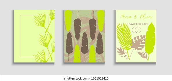 Conjunto de tarjetas vectoriales abstractas. Invitación al estilo japonés. Textura del marco geométrico. Carteles de tinte, hojas tropicales. Fondo De Hipster De Mano. Diseño de la Revista Noble Olive Leaves.