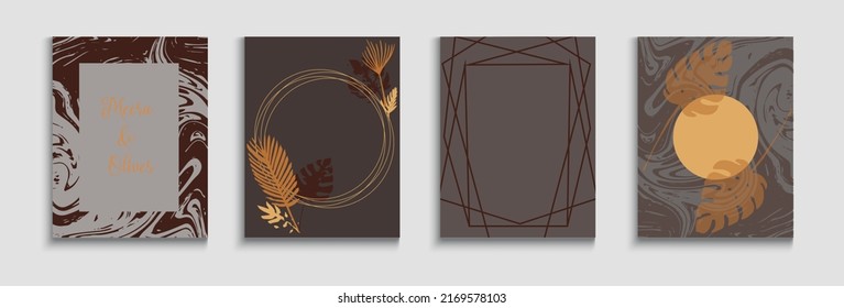 Abstrakter Vintage-Vektorkarten-Set. Cool Banana hinterlässt Einladung Design. Handgezeichnet Eleganter Hintergrund. Geometrisches Grenzmuster. Einladung im orientalischen Stil. Tie-Dye, Tropenholzbanner.