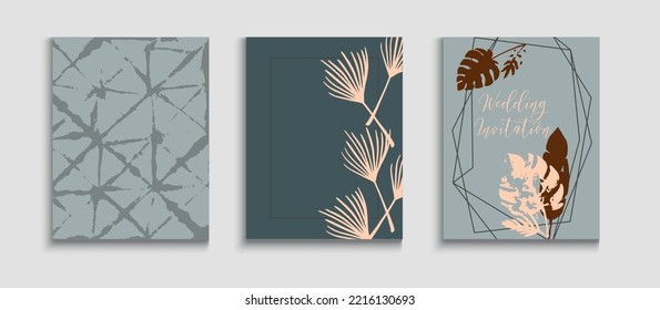 Conjunto de tarjetas vectoriales abstractas. Textura de borde geométrico. Tejido, Volantes De Hojas Tropicales. Plantilla de invitación de Olive Fresco. Fondo De Hipster De Mano. Invitación al estilo japonés.