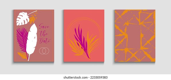Abstract Vintage Vector Cards Set. Cool Monstera Leaves Invitation Template. Oriental Style Invitation. Geometric Border Texture. Tie-Dye, Tropical Leaves Covers. Hand Drawn Elegant Background.