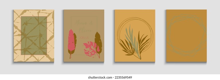 Abstract Vintage Vector Cards Set. Hand Drawn Elegant Background. Japanese Style Invitation. Tie-Dye, Tropical Leaves Covers. Geometric Border Texture. Simple Banana Leaves Magazine Layout.