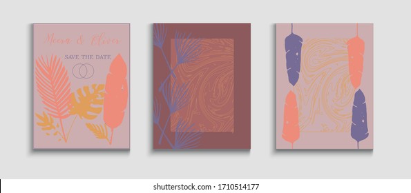 Juego de tapas de vectores abstractos. Invitación al estilo japonés. Cartas de hojas tropicales de tinte. Fondo de hipster dibujado a mano. El Monstera Suave Deja El Diseño De Invitación. Textura de borde geométrico.