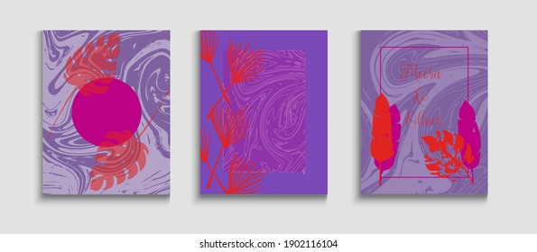 Abstract Vintage Vector Covers Set. Cool Banana Leaves Magazine Template. Geometric Frame Texture. Japanese Style Invitation. Hand Drawn Trendy Background. Tie-Dye, Tropical Leaves Banners.