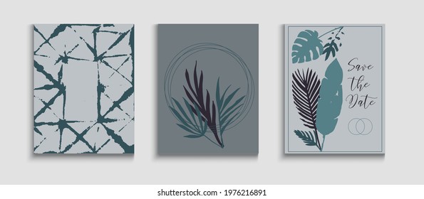 Abstract Vintage Vector Covers Set. Geometric Border Texture. Tie-Dye, Tropical Leaves Flyers. Cool Banana Leaves Magazine Layout. Hand Drawn Trendy Background. Oriental Style Invitation.