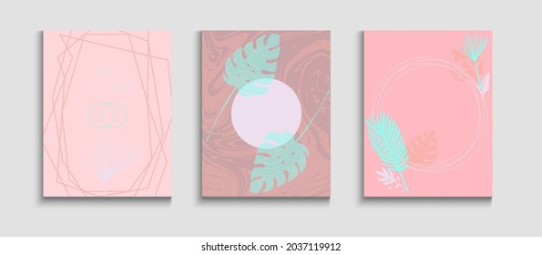 Abstract Vintage Vector Covers Set. Tie-Dye, Tropical Leaves Posters. Oriental Style Invitation. Hand Drawn Trendy Background. Soft Olive Leaves Magazine Layout. Geometric Border Pattern.