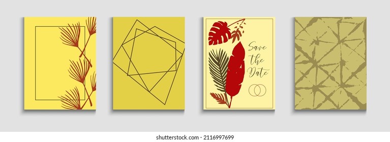 Conjunto De Tapas De Vintage Resumen. Colas, Cartas de hojas tropicales. La Mano Dibujó Antecedentes Asiáticos. Invitación al estilo oriental. Cool Monstera Deja El Diseño De Revista. Patrón de marco geométrico.