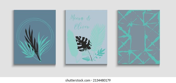 Abstract Vintage Vector Covers Set. Geometric Border Texture. Oriental Style Invitation. Hand Drawn Hipster Background. Simple Olive Leaves Magazine Layout. Tie-Dye, Tropical Leaves Cards.