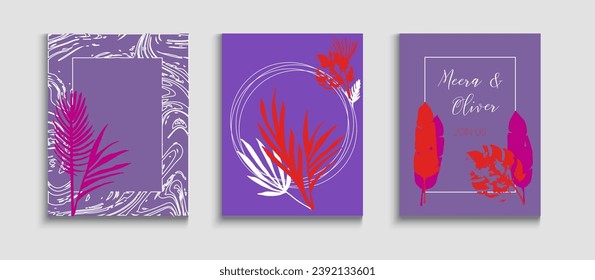 Abstract Vintage Vector Covers Set. Oriental Style Invitation. Hand Drawn Trendy Background. Geometric Frame Pattern. Tie-Dye, Tropical Leaves Flyers. Minimal Banana Leaves Magazine Template.