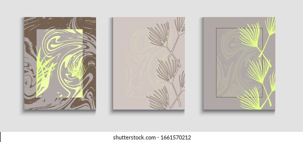 Abstract Vintage Vector Flyers Set. Tie-Dye, Tropical Leaves Banners. Oriental Style Invitation. Cool Olive Leaves Invitation Design. Geometric Border Texture. Hand Drawn Hipster Background.