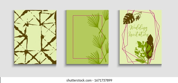Juego de volantes de vectores abstractos. El plátano blando deja la plantilla de invitación. Fondo Retro Dibujado A Mano. Textura de borde geométrico. Invitación al estilo japonés. Tintes, Tejidos Tropicales.