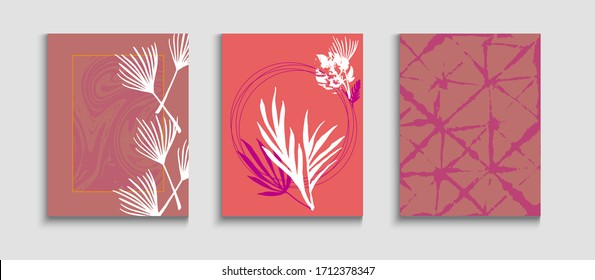 Abstract Vintage Vector Flyers Set. Soft Banana Leaves Magazine Layout. Tie-Dye, Tropical Leaves Cards. Oriental Style Invitation. Geometric Border Pattern. Hand Drawn Hipster Background.