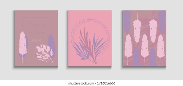 Abstrakter Vintage Vektorillustration Flyers Set. Einladung im orientalischen Stil. Tie-Dye, tropische Blätterkarten. Einfache Banana hinterlässt Einladung Vorlage. Textur des geometrischen Rahmens. Handgezeichneter, trendiger Hintergrund.