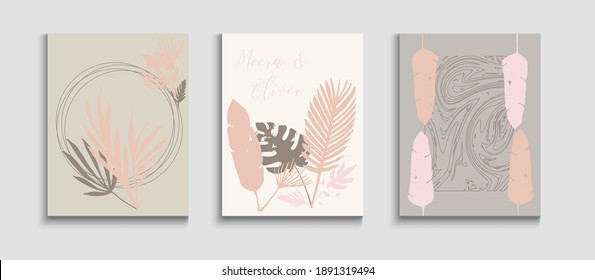 Abstract Vintage Vector Flyers Set. Tie-Dye, Tropical Leaves Posters. Geometric Frame Pattern. Hand Drawn Hipster Background. Cool Banana Leaves Invitation Design. Oriental Style Invitation.
