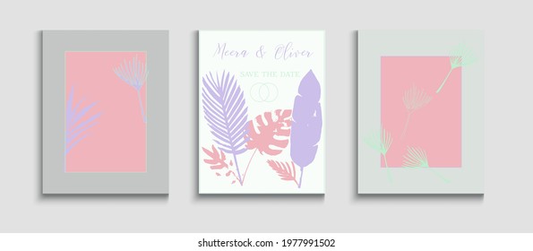 Abstract Vintage Vector Flyers Set. Japanese Style Invitation. Hand Drawn Asian Background. Tie-Dye, Tropical Leaves Banners. Noble Monstera Leaves Invitation Template. Geometric Frame Pattern.