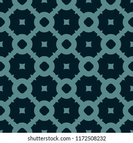 Abstract vintage vector geometric texture. Elegant seamless pattern with lattice, grid, circles, squares, repeat tiles. Stylish dark ornamental background in black and teal colors. Repeating design 