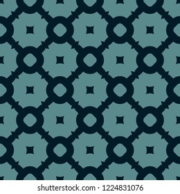 Abstract vintage vector geometric texture. Elegant seamless pattern with mesh, lattice, grid, circles, squares. Delicate ornamental background in black and teal colors. Repeating design for decoration