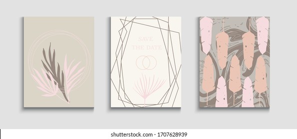 Abstract Vintage Vector Posters Set. Geometric Border Pattern. Cool Olive Leaves Magazine Template. Hand Drawn Retro Background. Tie-Dye, Tropical Leaves Flyers. Oriental Style Invitation.