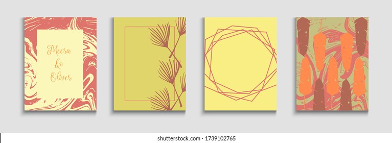 Abstract Vintage Vector Posters Set. Noble Olive Leaves Invitation Design. Geometric Border Pattern. Oriental Style Invitation. Tie-Dye, Tropical Leaves Cards. Hand Drawn Trendy Background.
